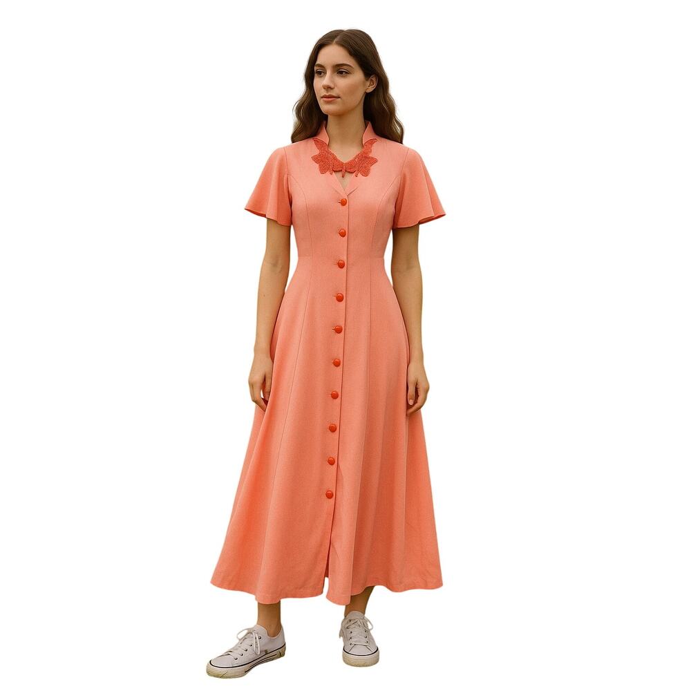 Vintage 70s D.B.Y. Ltd Coral red Flutter Sleeve Midi Dress w/ Lace Collar Sz 3/4